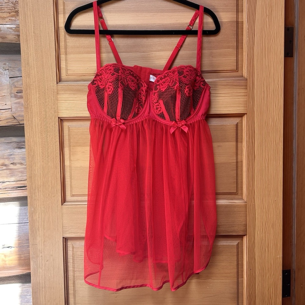 Cacique 18/20 Red/Black Sheer Lace Mesh Sexy Babydoll Lingerie Negligee Teddy